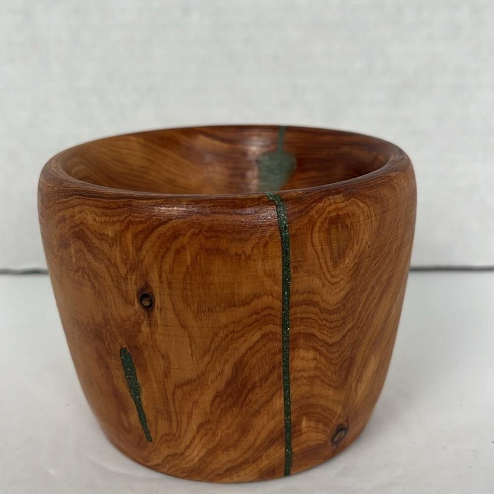Decorative Wooden Bowl with Green Inlay Hand Crafted Shilling 4x3 Inch - Picture 4 of 8